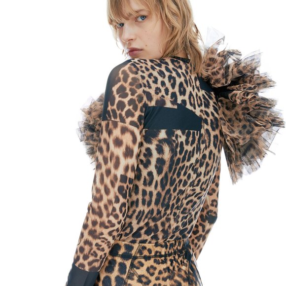 NWT H&M Studio Collection Flounce-trimmed Mesh Leopard Animal print Top Shirt XL - Picture 7 of 8